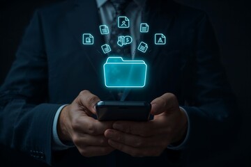 Businessman using smartphone with digital data transfer and cloud storage icons