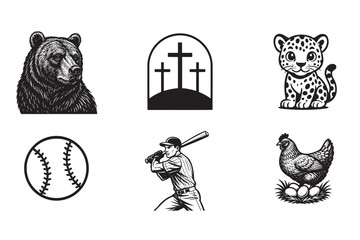Black and White Vector Graphic Featuring a Bear Crosses Baseball Baseball Player Leopard and Chicken Isolated on White