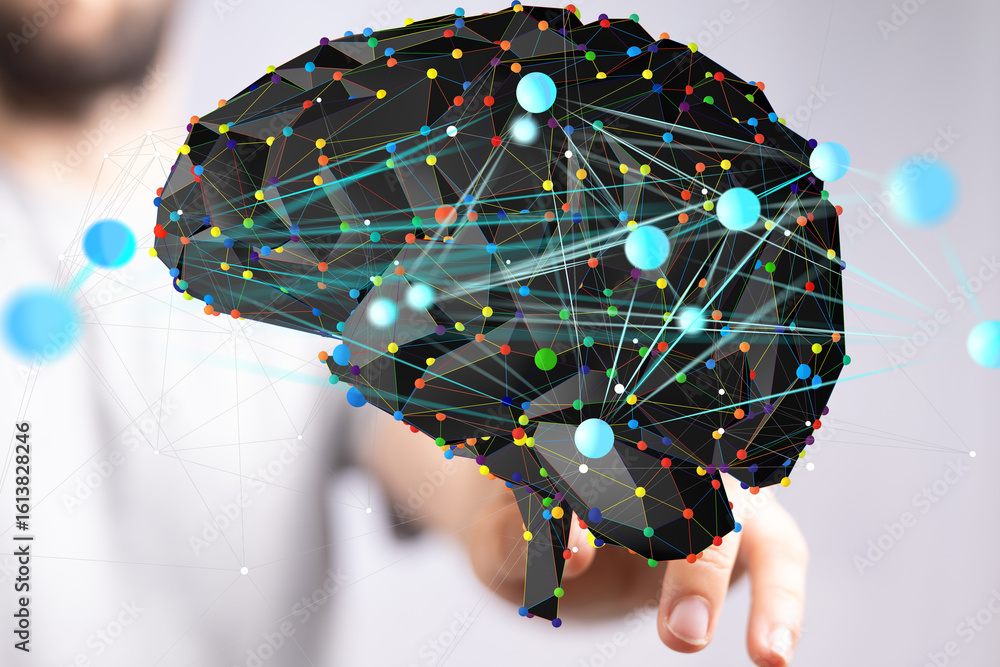 Poster abstract brain model. ai, neural network, data connection concept. technology background.