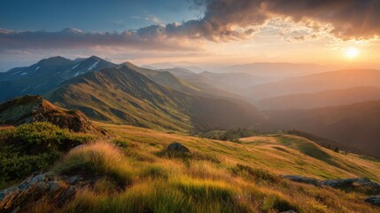 Golden sunlight bathes the rolling hills of a mountainous landscape during sunset, highlighting lush greenery and distant peaks in a serene atmosphere