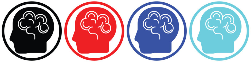 Colorful Human Head Silhouette Icons with Brain Symbol – Black, Red, Blue, Cyan
