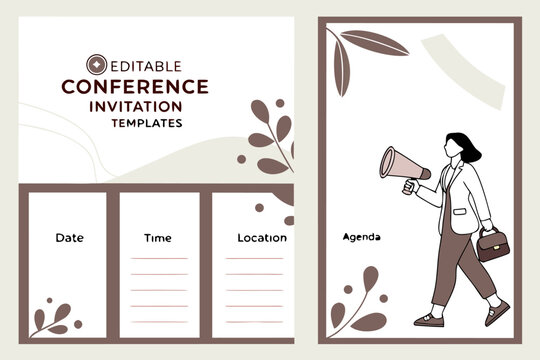 Conference invitation templates featuring editable date time and location and a woman with a megaphone and bag