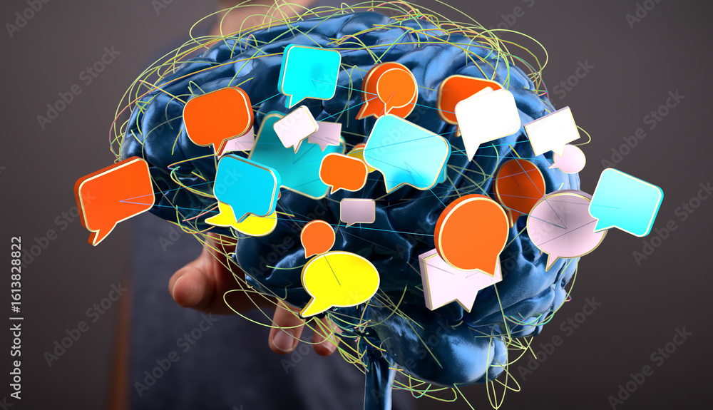 Poster abstract image of a brain with colorful speech bubbles, representing communication, ideas, and thoug