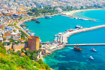 Panoramic view of the harbor of Alanya on a beautiful summer day. Alanya, Turkey 