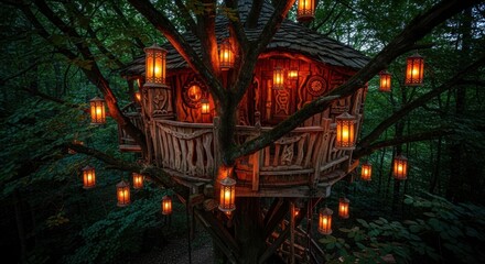 Enchanting Treehouse Featuring Glowing Lanterns Nestled Among Lush Green Trees in a Forest Setting