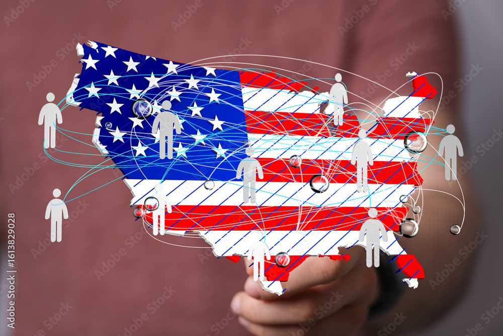Poster visual representation of interconnectedness across the united states. network map on us flag.