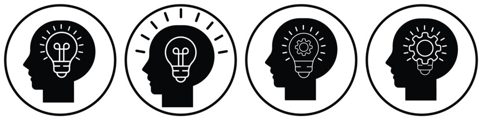 Creative Thinking and Innovation Icons – Human Head with Light Bulb Symbol in Circular Design

