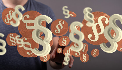 Abstract image of paragraph symbols floating above hands, representing legal concepts and...