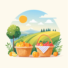 Two Wicker Baskets of Fresh Fruit and Vegetables in a Sunny Landscape