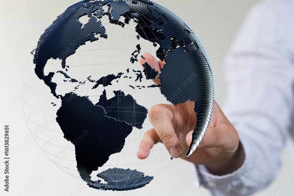 Poster high-quality stock photo of a hand interacting with a 3d digital earth globe, representing global co
