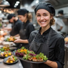 a professional chef smiling while presenting food. The image captures the culinary expertise, passion, and dedication of a chef in a kitchen environment