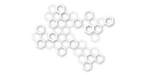 An abstract arrangement of interconnected hexagonal shapes in subtle white and light gray, with soft shadows, creating a minimalist and modern honeycomb-like pattern on a clean white background.