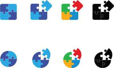 Puzzle Piece Composition Icons – Set of  Square and Circular Symbols Showing Colorful Interlocking Pieces for Collaboration, Logic, and Teamwork Concepts
