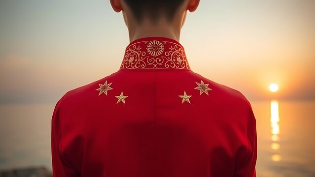 Vietnam National Day flag on silk cushion with bamboo leaves and lanterns - Powered by Adobe