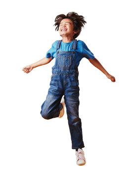 Fashion, happy and boy child jumping with comic, excited and crazy expression with energy. Smile, excited and kid model with casual, trendy and children style isolated by transparent png background.