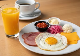 A continental breakfast with orange juice, coffee and a plate of food on a table