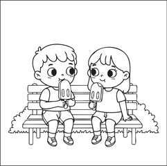 Cute Cartoon Kids Eating Ice Cream on a Park Bench, Coloring Page