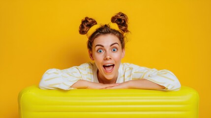 A woman with playful pigtails and a headband beams joyfully, resting her arms on a vibrant yellow object. The cheerful atmosphere captures a moment of happiness and fun
