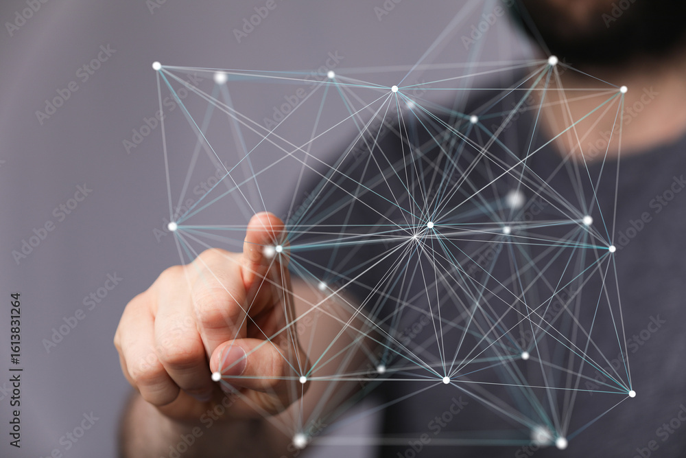 Poster abstract image of a person interacting with a digital network, representing connection and technolog
