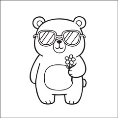 Cool Cartoon Bear with Sunglasses Holding a Flower, Coloring Page