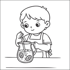 Cartoon Boy Making Lemonade in a Pitcher, Coloring Page