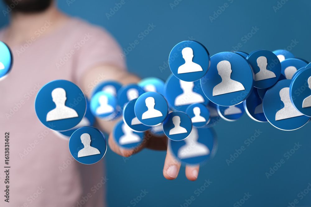 Poster abstract image of a person connecting with a network of social media profiles. ideal for social medi