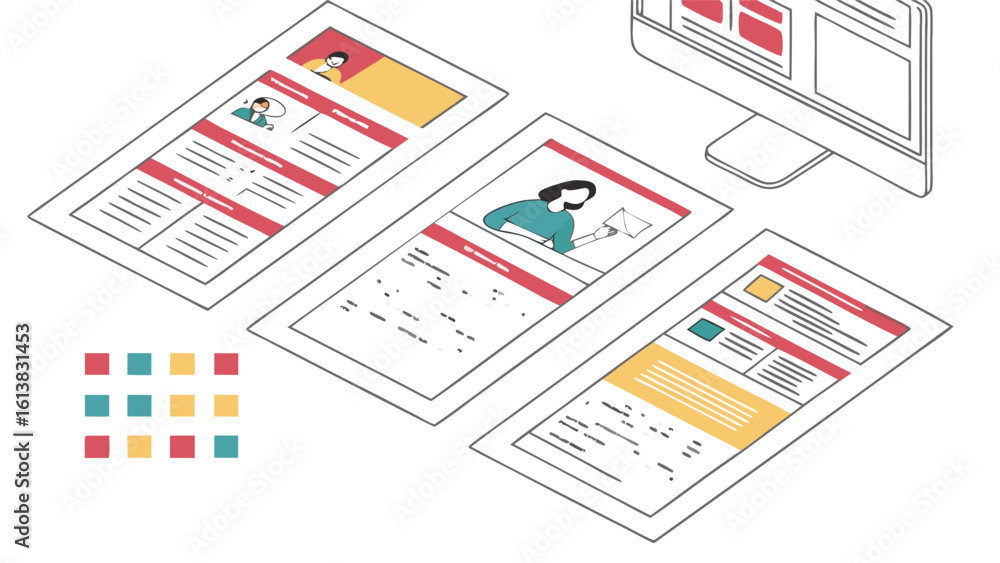 Poster isometric illustration of digital content creation showcasing website design user profiles and conte