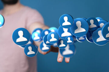 Abstract image of a person connecting with a network of social media profiles.  Ideal for social...