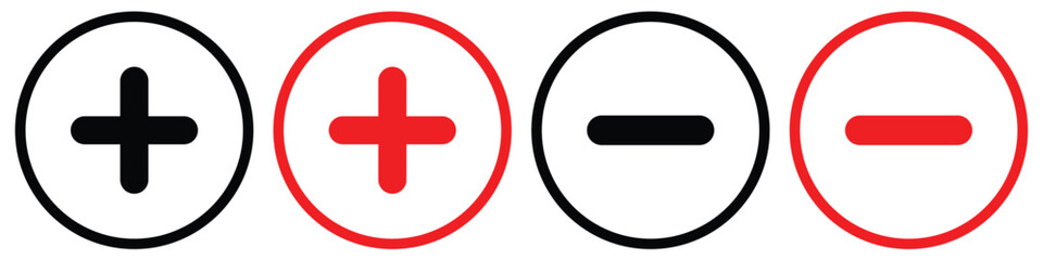 Obraz premium Set of Plus and Minus Icons in Black and Red – Add and Subtract Symbols in Circle