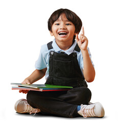 Happy, books and boy with hand up for education or school isolated on transparent png background....