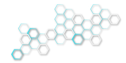 An abstract, minimalist design featuring scattered hexagonal shapes in light blue and white, some solid and some outlines, casting subtle shadows on a pure white background,