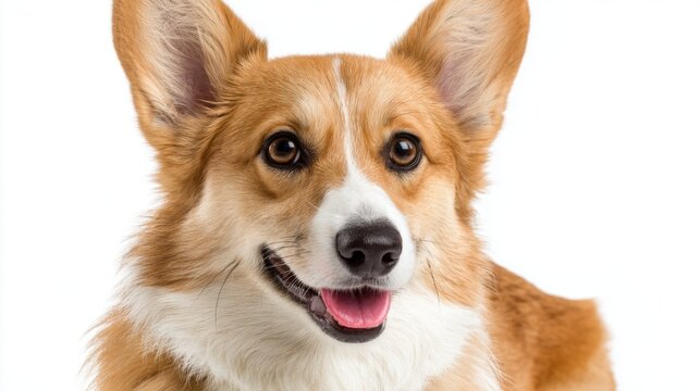 A cheerful corgi displays an inviting smile while sitting against a bright white backdrop, capturing the essence of canine joy and friendliness. Its ears perk up with curiosity