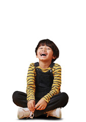 Naklejka na ściany i meble Fashion, portrait and boy child on floor laugh, happy or excited on isolated, transparent or png background. Comic, style and kid model with comedy, humor or reaction to crazy, silly or funny joke