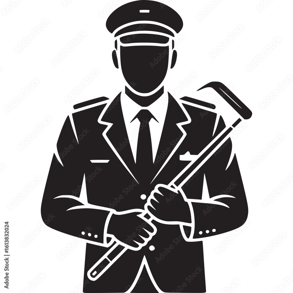 Poster a silhouette of a uniformed man holding a cane with a curved handle on a white background design on 