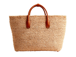 Elegant raffia bag with leather handles isolated on transparent background