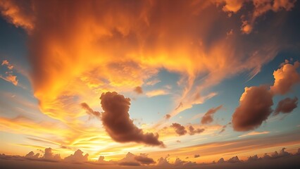 Dramatic golden hour sky with vibrant sunset hues blending into dynamic cloud formations, capturing nature's grandeur.