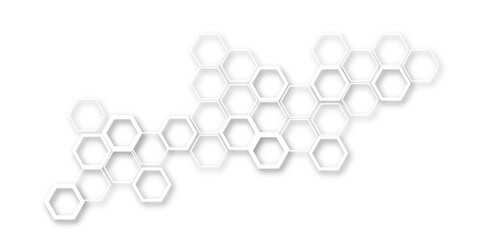 An abstract arrangement of interconnected hexagonal shapes in subtle white and light gray, with soft shadows, creating a minimalist and modern honeycomb-like pattern on a clean white background.