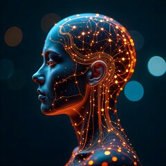 Obraz premium abstract human head, Side profile of a human head with a glowing digital brain circuit, surrounded by floating orange particles on a dark blue digital background, representing artificial intelligence