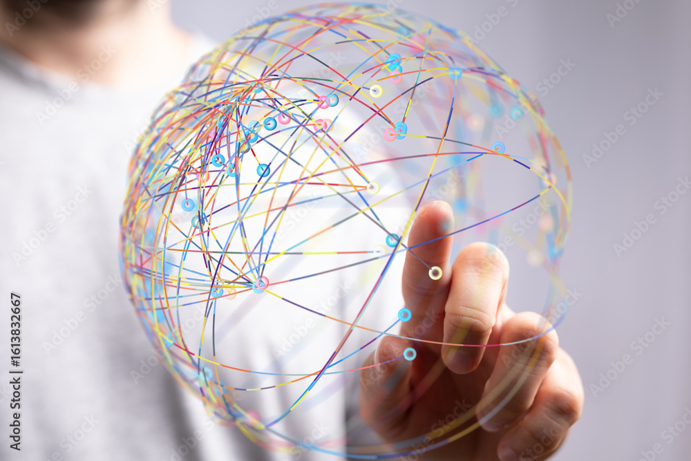 Poster abstract image of a hand interacting with a colorful global network. perfect for technology, connect