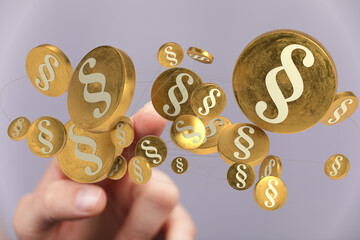 Abstract 3D illustration of golden coins with paragraph symbols, representing law, justice, and legal systems.