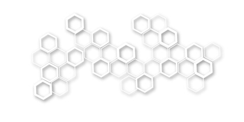 An abstract arrangement of interconnected hexagonal shapes in subtle white and light gray, with soft shadows, creating a minimalist and modern honeycomb-like pattern on a clean white background.