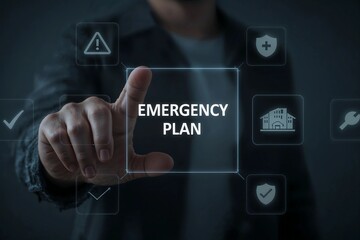 Obraz premium Person touching screen displaying emergency plan with safety icons