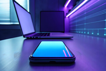 Smartphone and laptop on desk with purple neon lights