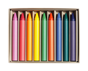 Colorful crayons arranged in cardboard box on transparent background