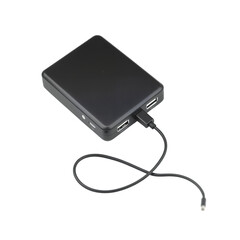 Portable black power bank with usb charging cable connected and ready for use isolated on transparent background