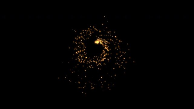 Spiral gold sparkles, spinning fireworks, firecrackers on black background