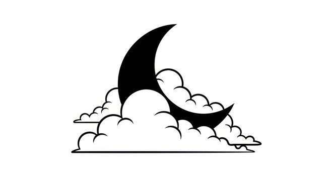 Minimalist Illustration of a Crescent Moon Partially Obscured by Fluffy Clouds, Celestial Night Sky Symbol, Dreamy and Ethereal
