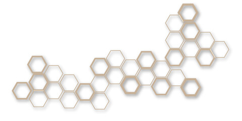 An abstract arrangement of interconnected hexagonal shapes in subtle beige and white, with thin outlines and soft shadows, creating a modern, minimalist honeycomb pattern on a clean white background.