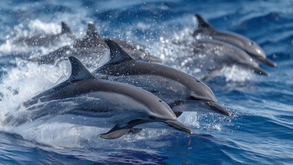 Pod of dolphin leaping out the ocean surface.
