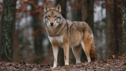 Naklejka premium Wild Wolf Standing in Autumn Forest